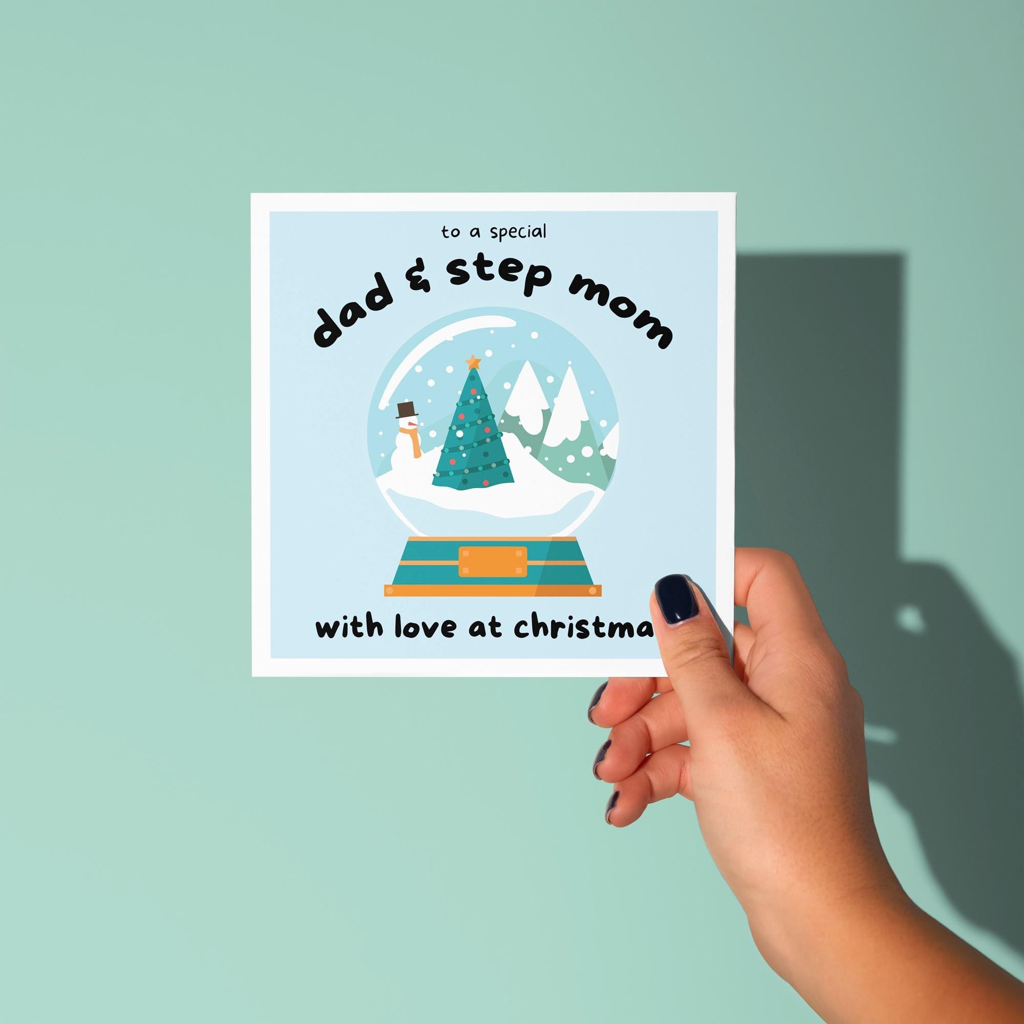 Dad and Step Mom or Mom and Step Dad Snowglobe Card - Christmas Card for Step Parents